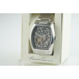 GENTLEMENS KENNETH COLE SKELETON WRISTWATCH W/ BOX, tonneau skeleton dial with stick hour markers