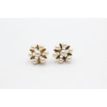 9ct gold vintage pearl seven stone floral stud earrings (3.2g)