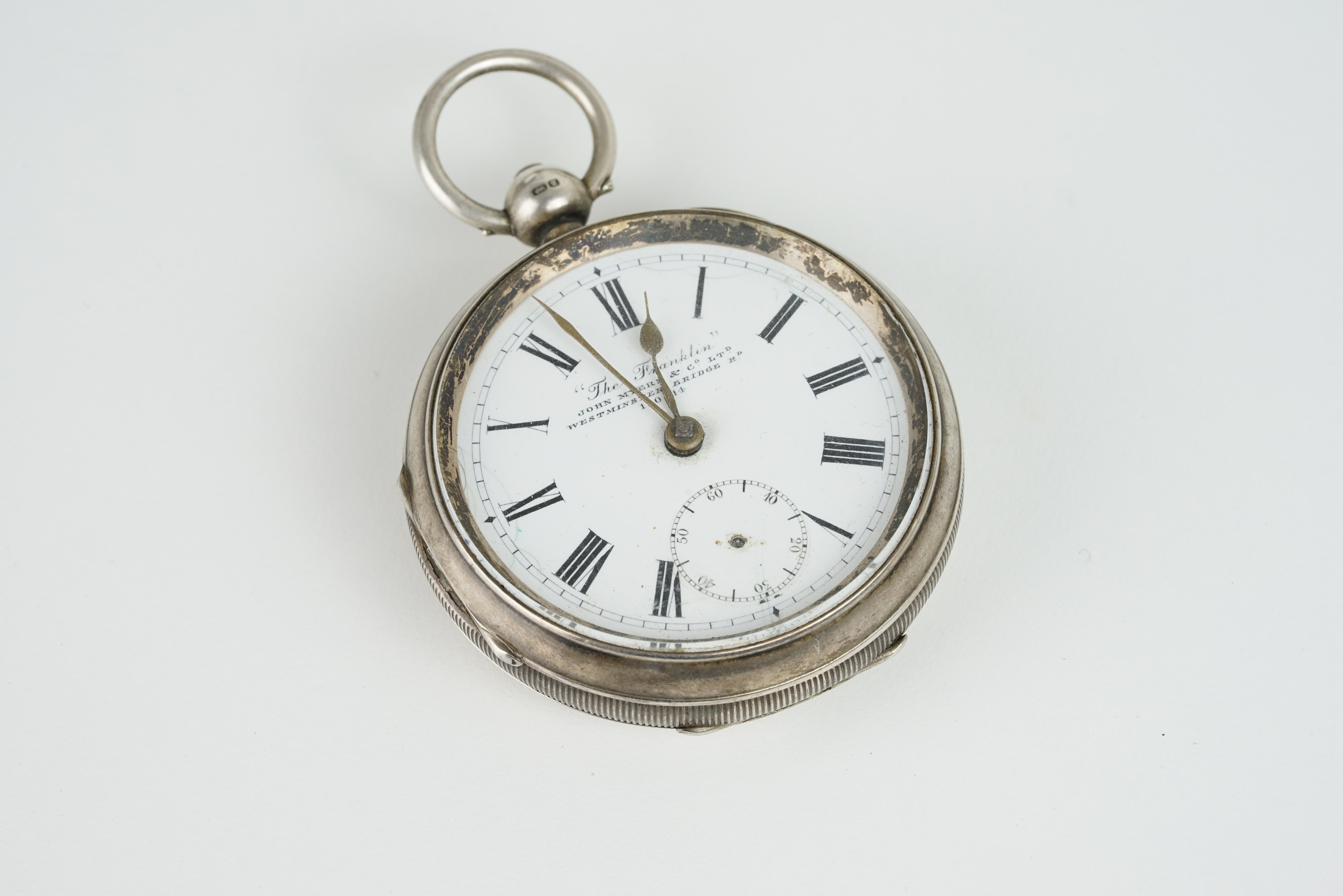 VINTAGE JOHN MYERS & CO SILVER POCKET WATCH, circular white dial with hands, 53mm case with a