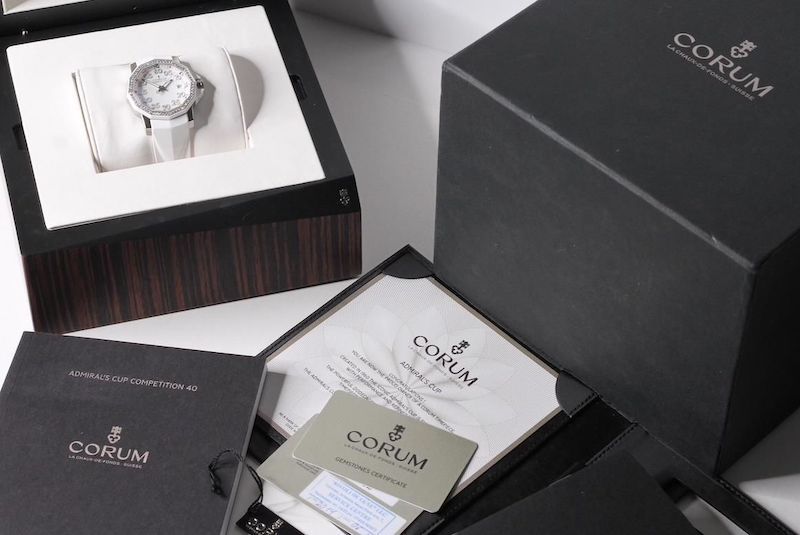 CORUM ADMIRALS CUP DIAMOND BEZEL AUTOMATIC BOX AND PAPERS 2019, circular white dial with applied