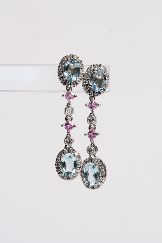 18ct Aquamarine and Diamond Cluster Long Drop Earrings, 2 x clusters with pink sapphire and diamonds