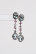 18ct Aquamarine and Diamond Cluster Long Drop Earrings, 2 x clusters with pink sapphire and diamonds