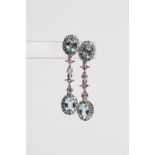 18ct Aquamarine and Diamond Cluster Long Drop Earrings, 2 x clusters with pink sapphire and diamonds