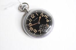 VINTAGE G.S.T.P WALTHAM MILITARY POCKET WATCH, black dial with Arabic numerals, coin edge, case back