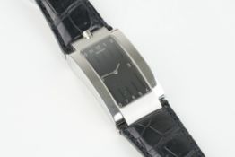 MOVADO QUARTZ WRISTWATCH, rectangular black dial with hour markers and hands, 24x46mm stainless