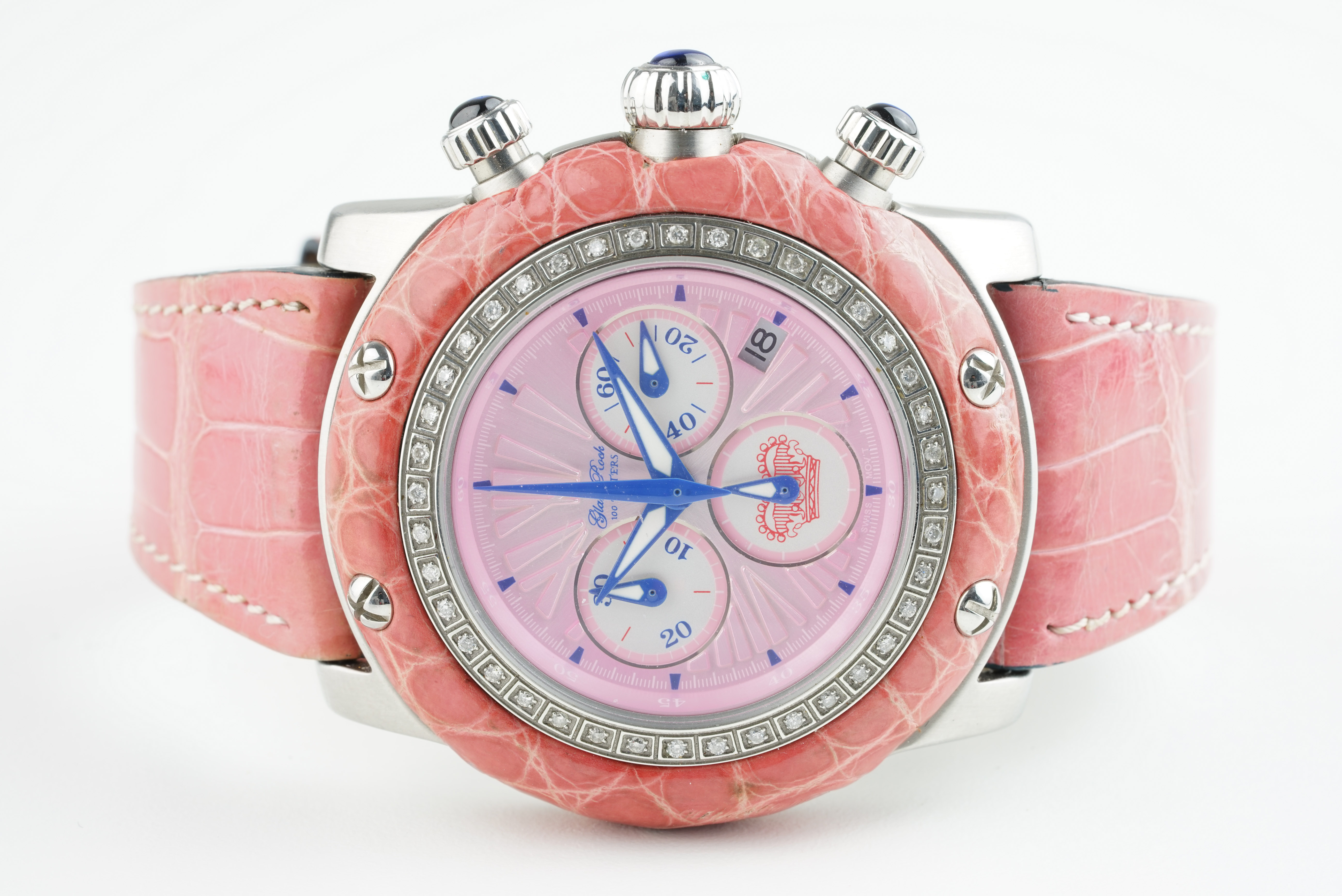LADIES GLAM ROCK DIAMOND SET CHRONOGRAPH WRISTWATCH, circular triple register dial with hour markers
