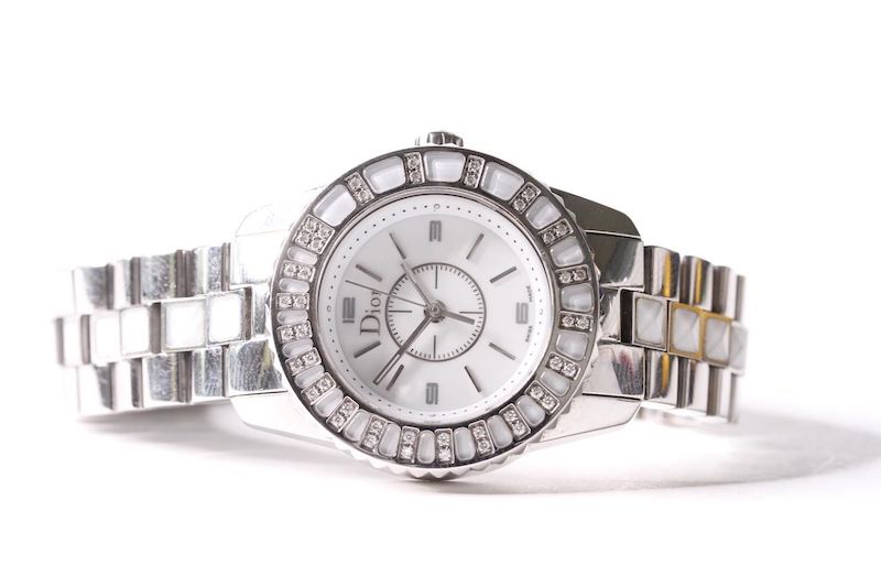 LADIES CHRISTIAN DIOR CHRISTAL DIMAOND QUARTZ WRIST WATCH, circular white dial with baton and arabic