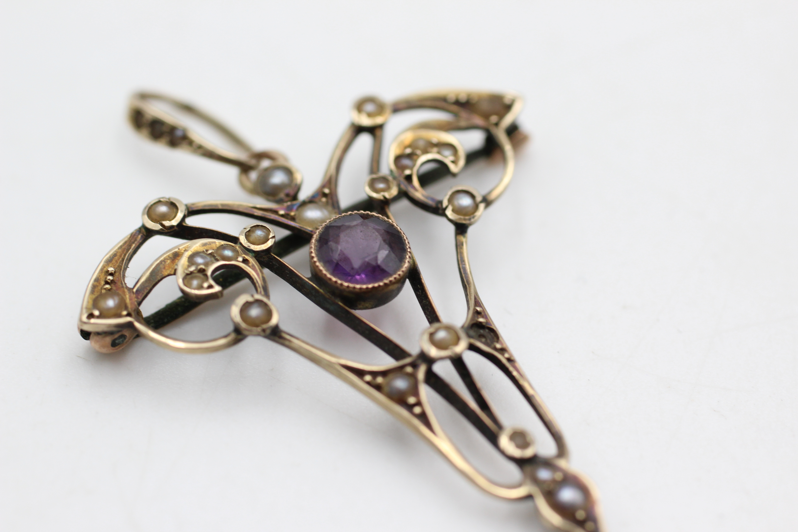 9ct gold antique amethyst & seed pearl lavalier pendant - as seen (3.4g) - Image 4 of 5