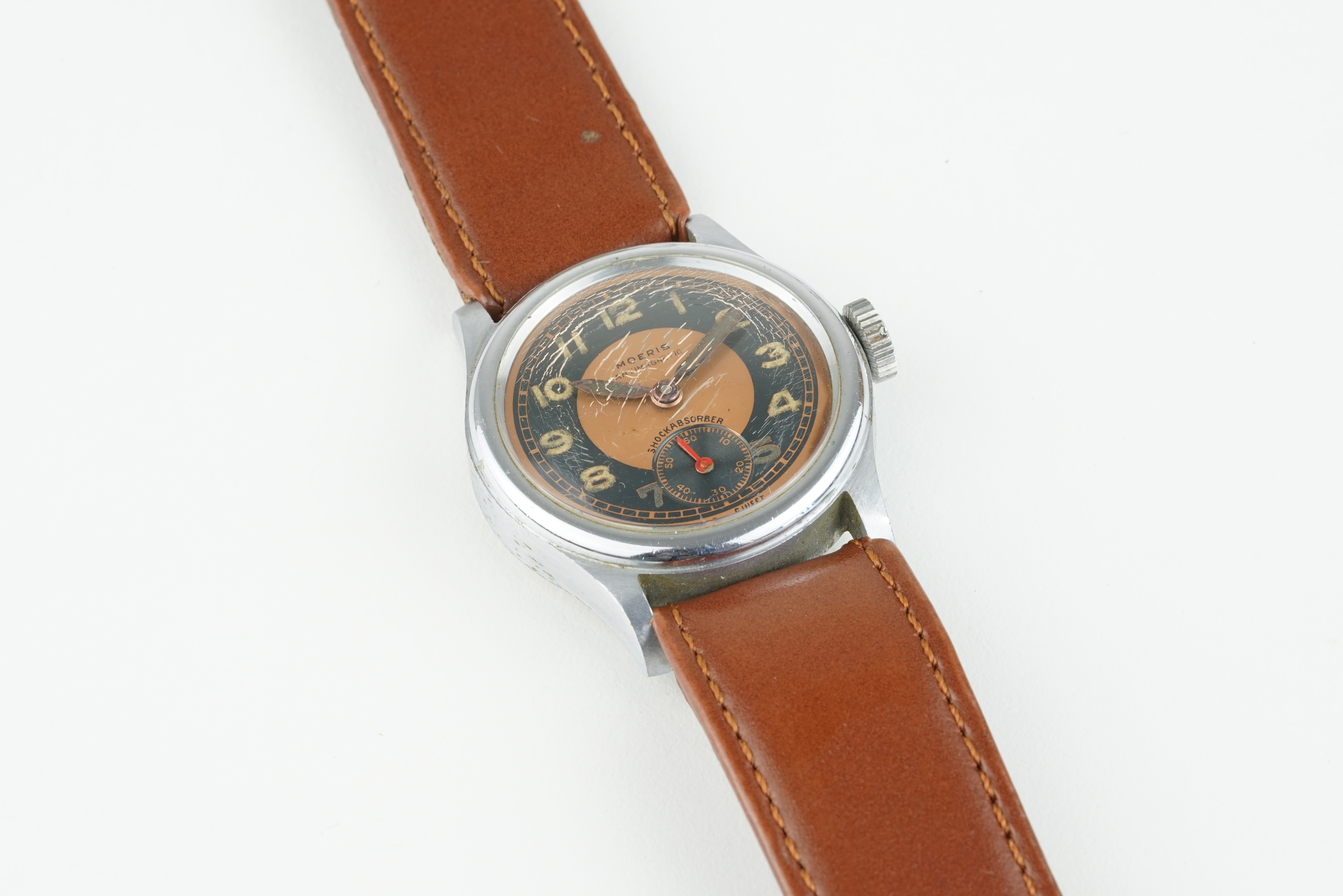 MOERIS VINTAGE WRISTWATCH, circular two tone dial with hour markers and hands, 29mm steel case