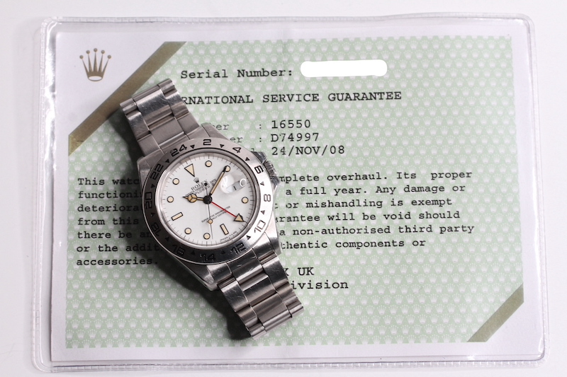 ROLEX OYSTER PERPETUAL DATE EXPLORER II REFERENCE 16550 CIRCA 1988, white dial with patina lume hour