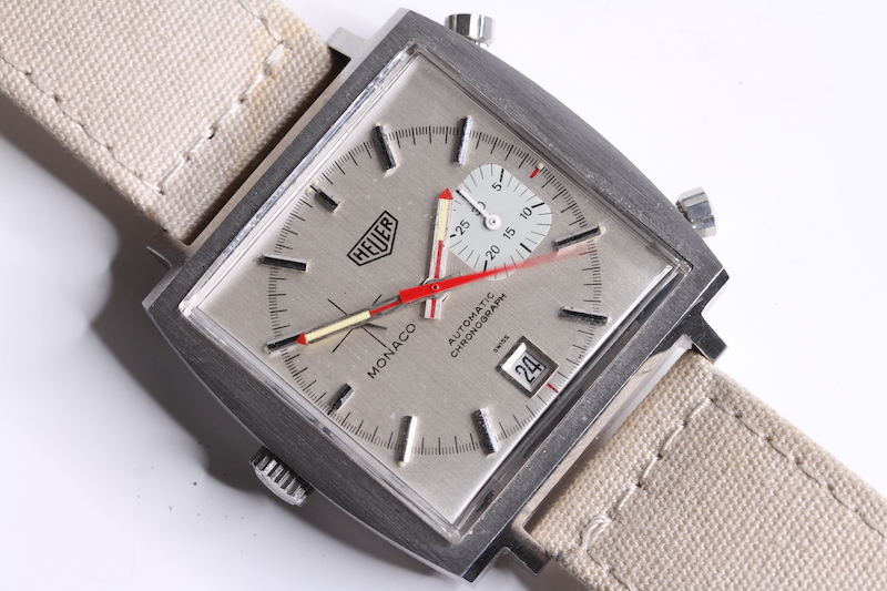 VINTAGE HEUER MONACO 1133 AUTOMATIC CHRONOGRAPH CIRCA 1970S, silvered service dial, red centre