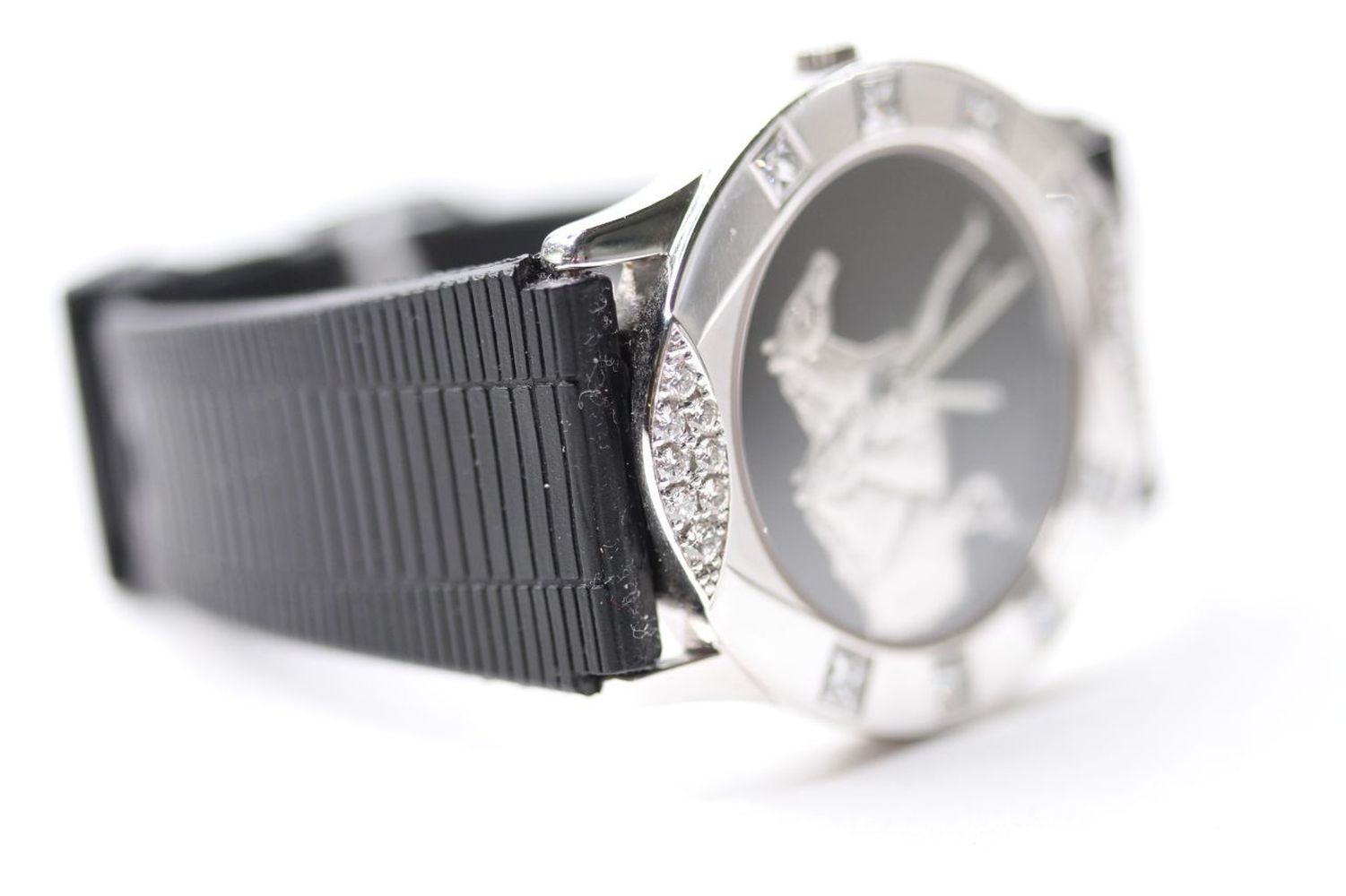 18CT CORUM FOR ASPREY DIAMOND BEZEL WRIST WATCH, black circular dial with two galloping horses, - Image 2 of 4