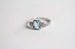 Plat Aquamarine and Diamond 3 stone ring, Bezel set step cut aqua 1.20 cts/ 0.40 dia size N