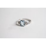 Plat Aquamarine and Diamond 3 stone ring, Bezel set step cut aqua 1.20 cts/ 0.40 dia size N