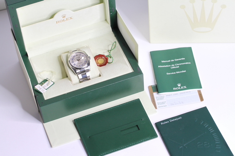 2013 ROLEX DATEJUST DECORATED ARABIC DIAL FULL SET REFERENCE 116200, circular silvered dial with