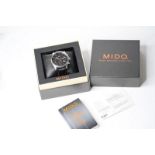 MIDO MULTIFORT CHRONOGRAPH QUARTZ BOX AND PAPERS 2011, circular black dial with three subsidiary