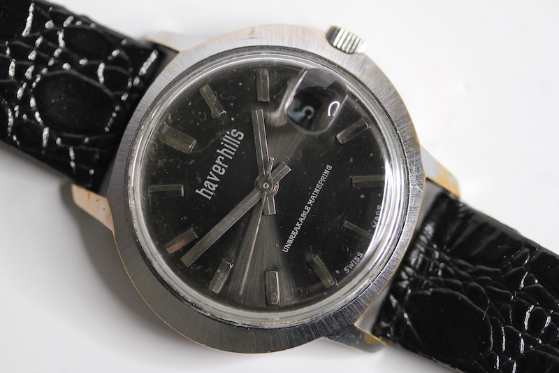 *TO BE SOLD WITHOUT RESERVE* VINTAGE HAVERHILL'S WATCH, grey dial, block hour, oval case, black