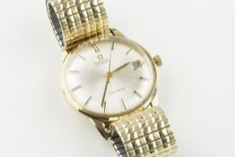 OMEGA 9CT GOLD AUTOMATIC GENEVE DATE WRISTWATCH, circular silver dial with hour markers and hands,