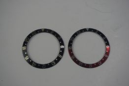 2X ROLEX GMT MASTER BEZEL INSERTS, one coke and one black/ gilt