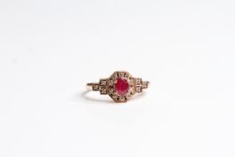 9ct gold vintage ruby & clear gemstone halo dress ring (2.5g)