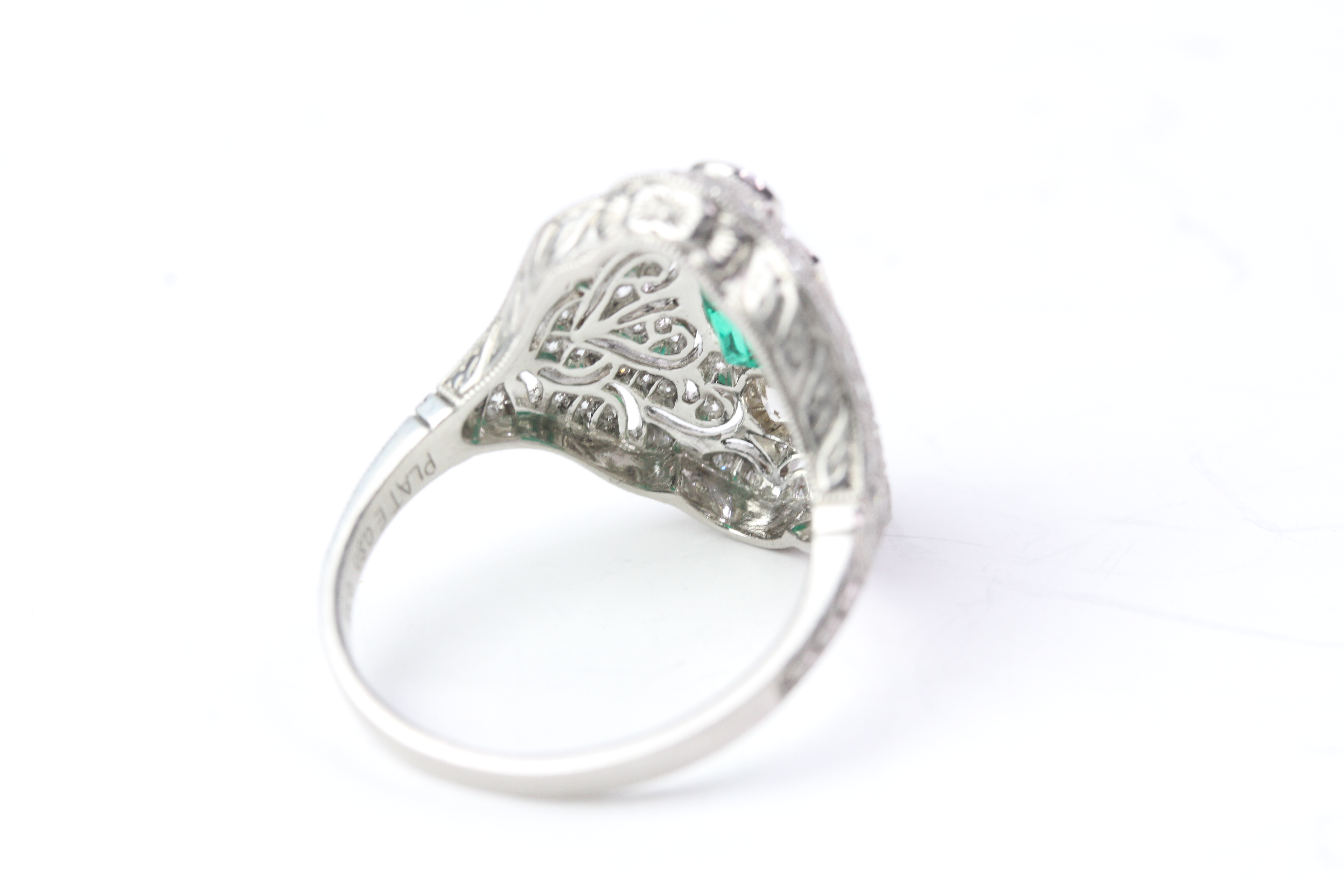 Platinum dress ring columbian emerald and diamond - bombe style with raised emerald between 2 - Image 3 of 3