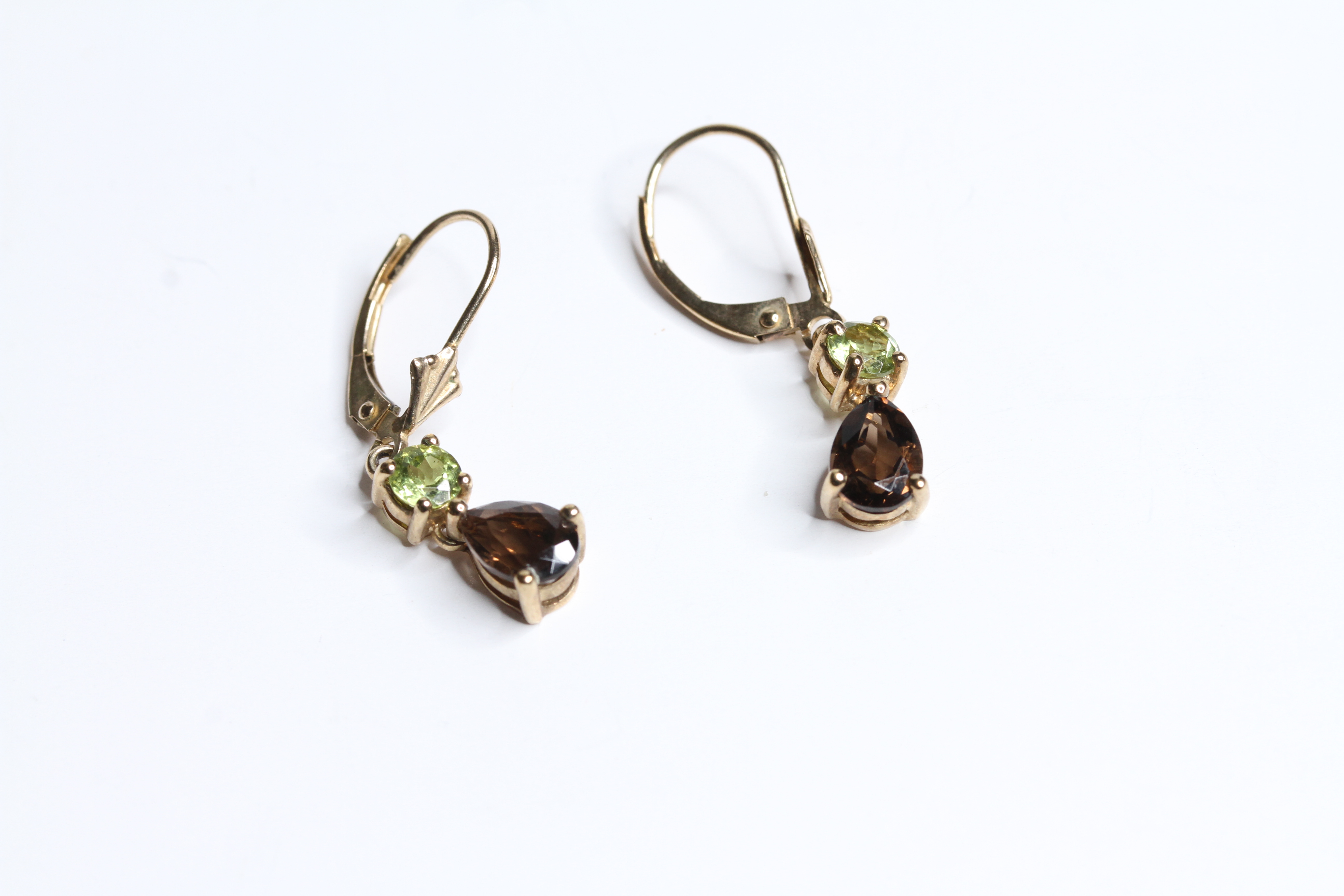 9ct gold vintage peridot & smoky quartz French clip drop earrings (2g)