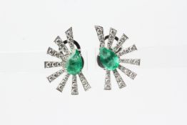 18WG pear shaped emerald and diamond fan earrings