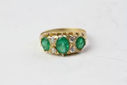 18YG Emerald and diamond ring 3 x oval emeralds 4 x diamonds Estimated weights E 1.60 total, D 0.