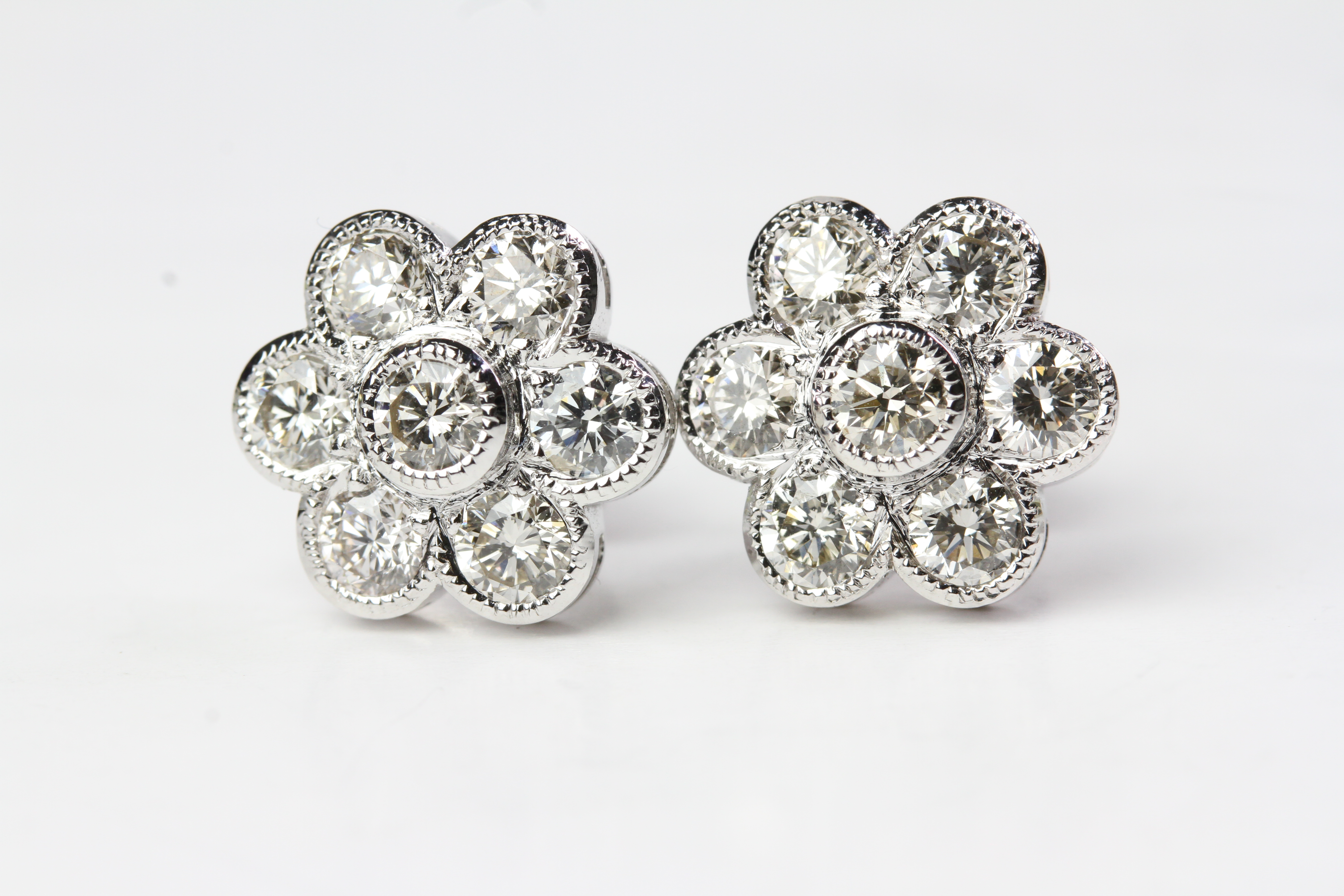 18WG Bezel set daisy diamond cluster earrings D2.03 large backs 7 diamonds