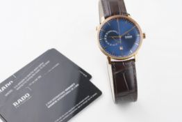 RADO COUPOLE GOLD PLATED AUTOMATIC WRISTWATCH W/ BOX & GUARANTEE REF. 77238792, circular petrol blue