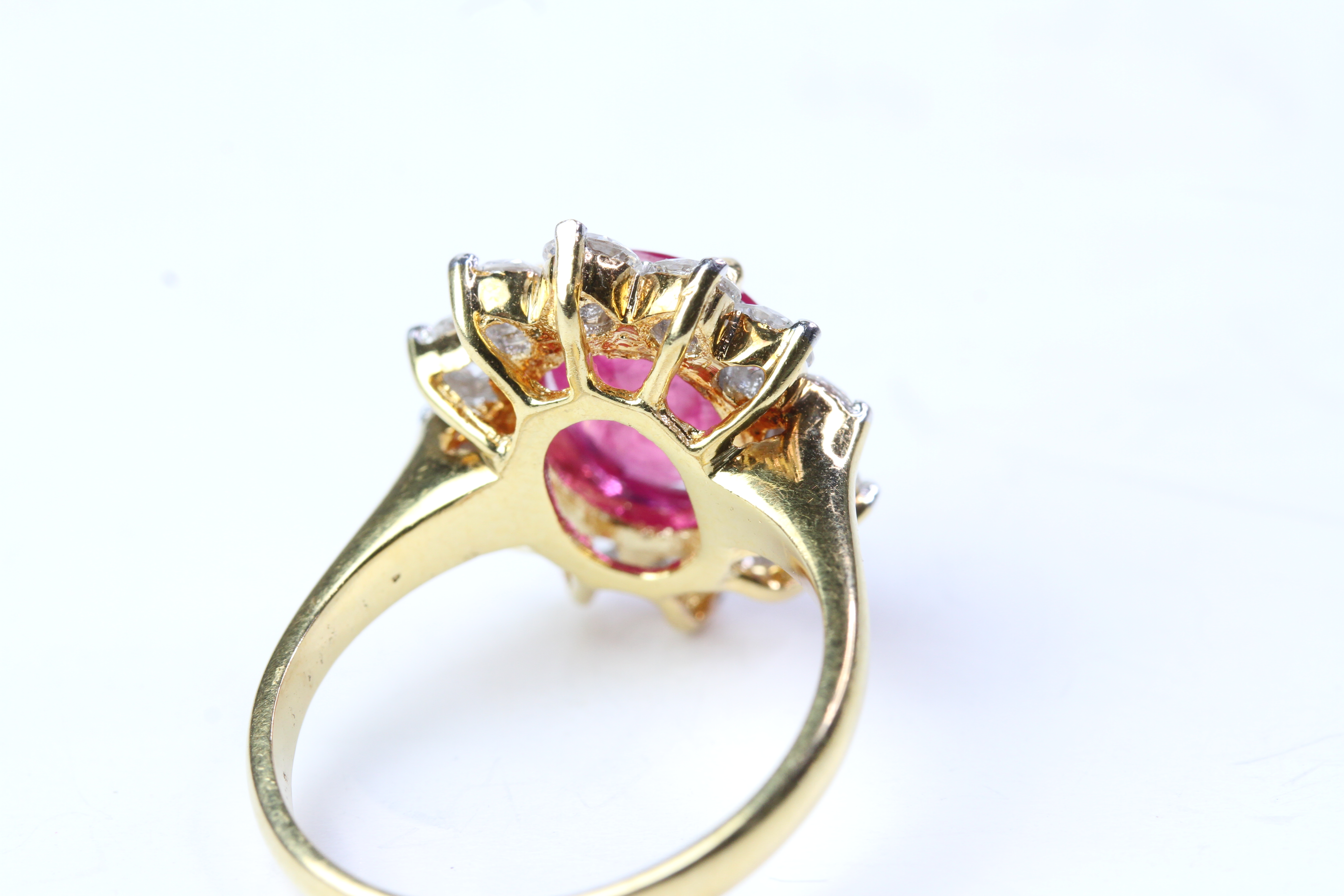 18YG clawset ruby and diamond cluster ring R3.30ct D1.24ct stamped 750 Size N - Image 3 of 3