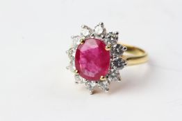 18YG clawset ruby and diamond cluster ring R3.30ct D1.24ct stamped 750 Size N