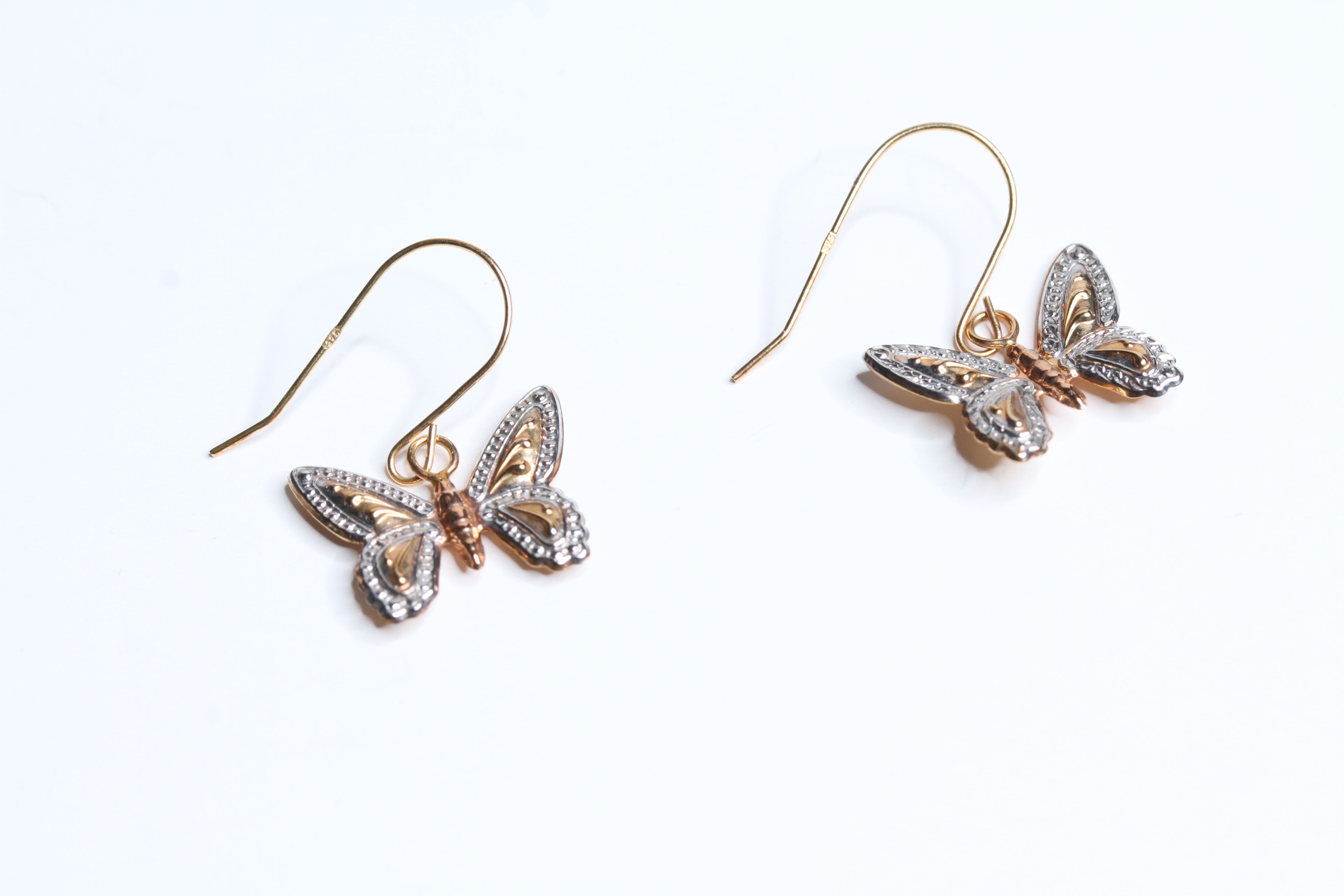 9ct yellow & white gold butterfly drop earrings (0.5g) - Image 2 of 2