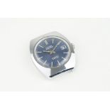 CYMA BY SYNCHRON DATE WRISTWATCH, circular blue dial with stick hour markers and hands, 37mm steel