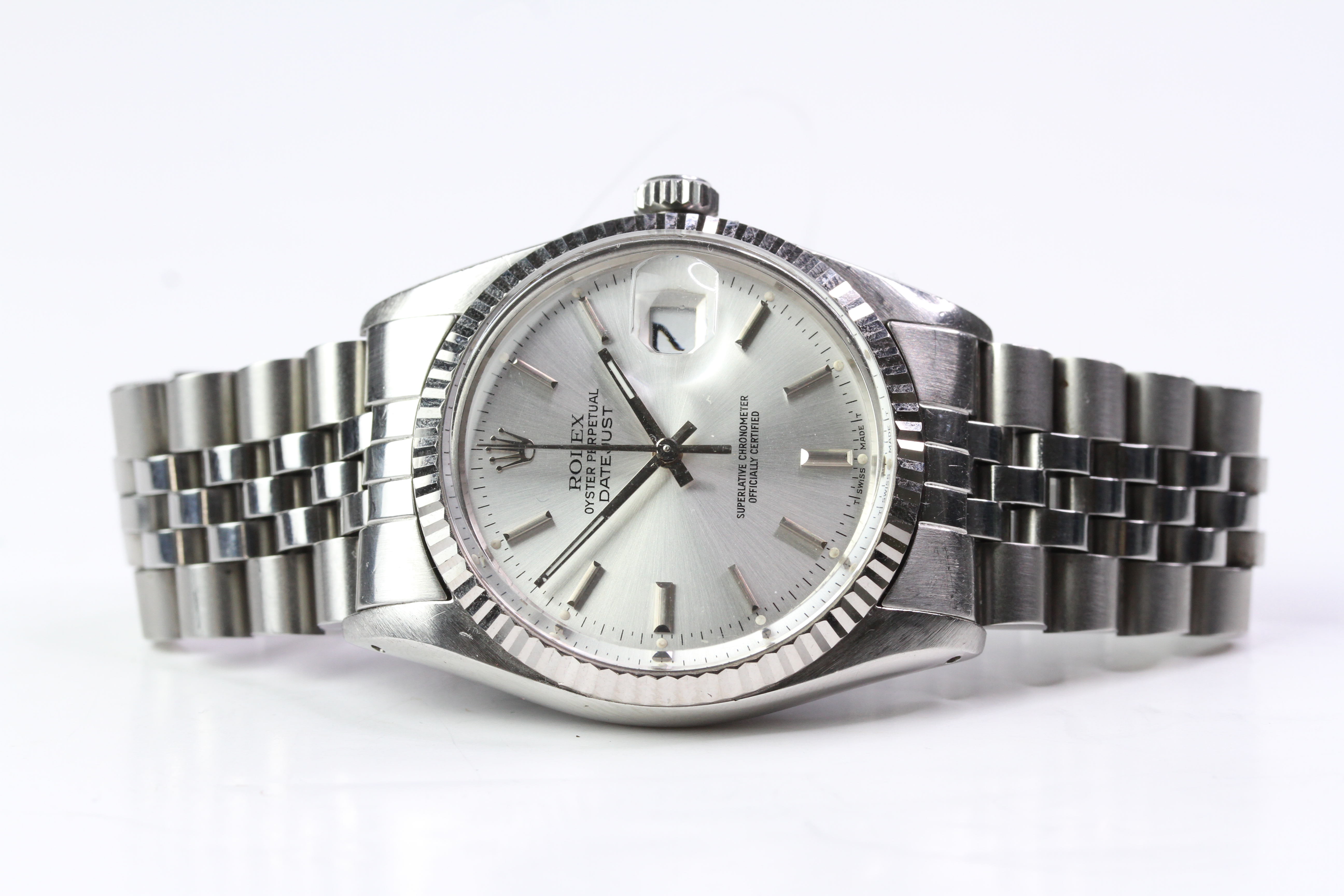 ROLEX OYSTER PERPETUAL DATEJUST REFERENCE 16014 CIRCA 1984, silver dial with baton hour markers,