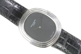 FINE 18CT PATEK PHILIPPE JUMBO ELIPSE REFERENCE 3634, black matte dial, 30mm 18ct white gold stepped