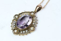 15YG Victorian Oval amethyst and pearl pendant and chain