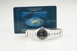 LADIES LONGINES DATE WRISTWATCH W/ GUARANTEE CARD, circular black dial with arabic numeral hour
