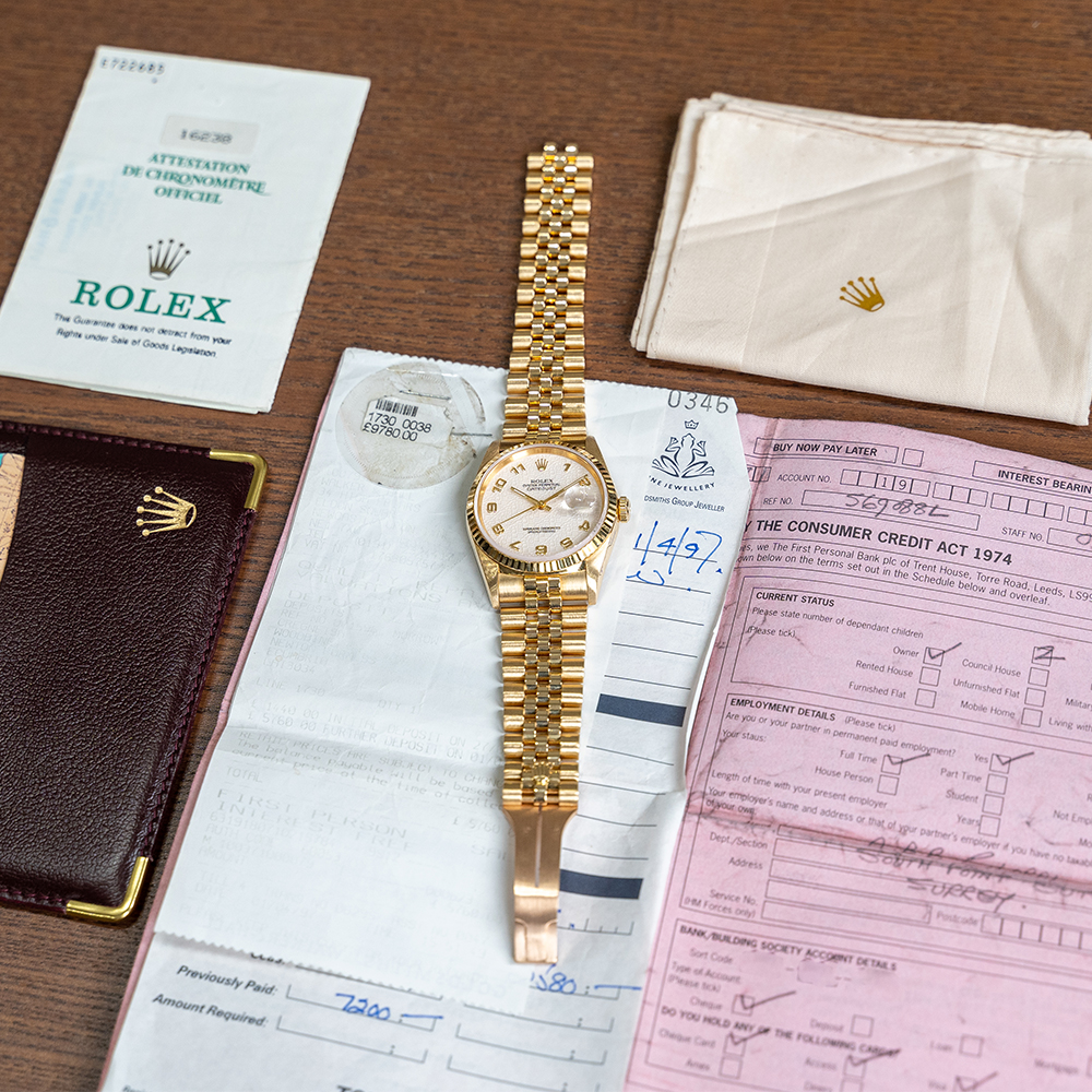 GENTLEMAN'S RARE ROLEX DATEJUST "JUBILEE DIAL" 18CT YELLOW GOLD, REF. 16238, APRIL 1997 COMPLETE SET - Image 3 of 9