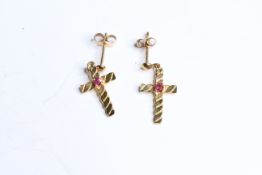 9ct gold vintage ruby set cross drop earrings (1.2g)
