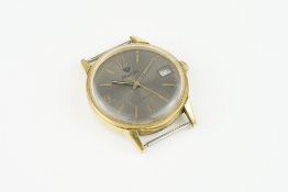 NIVADA GOLD PLATED DATE WRISTWATCH, circular grey dial with hour markers and hands, 34mm gold plated