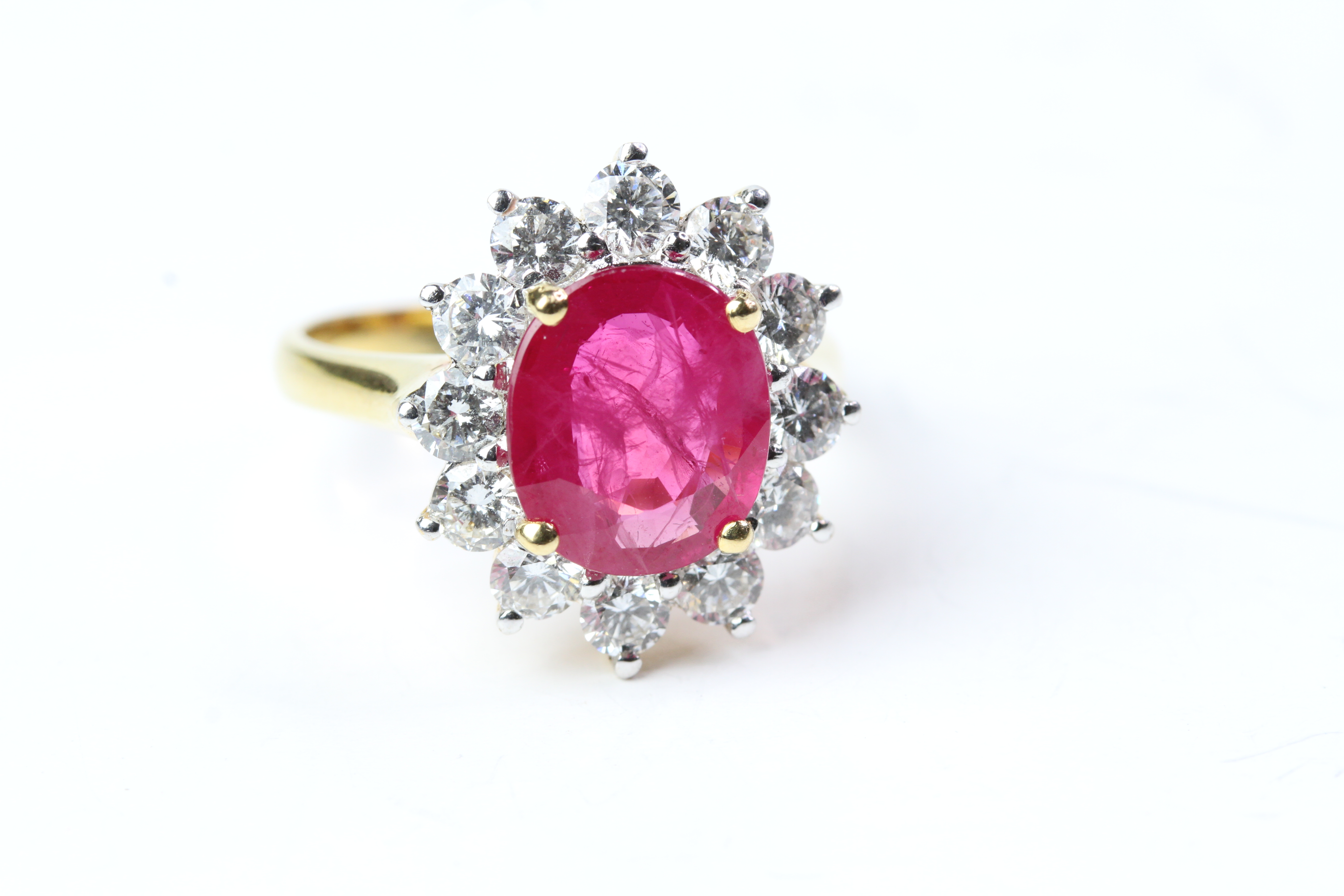 18YG clawset ruby and diamond cluster ring R3.30ct D1.24ct stamped 750 Size N - Image 2 of 3