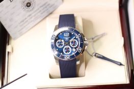 LONGINES HYDROCONQUEST CHRONOGRAPH AUTOMATIC WITH BOX AND PAPERS 2021, circular sunburst blue dial