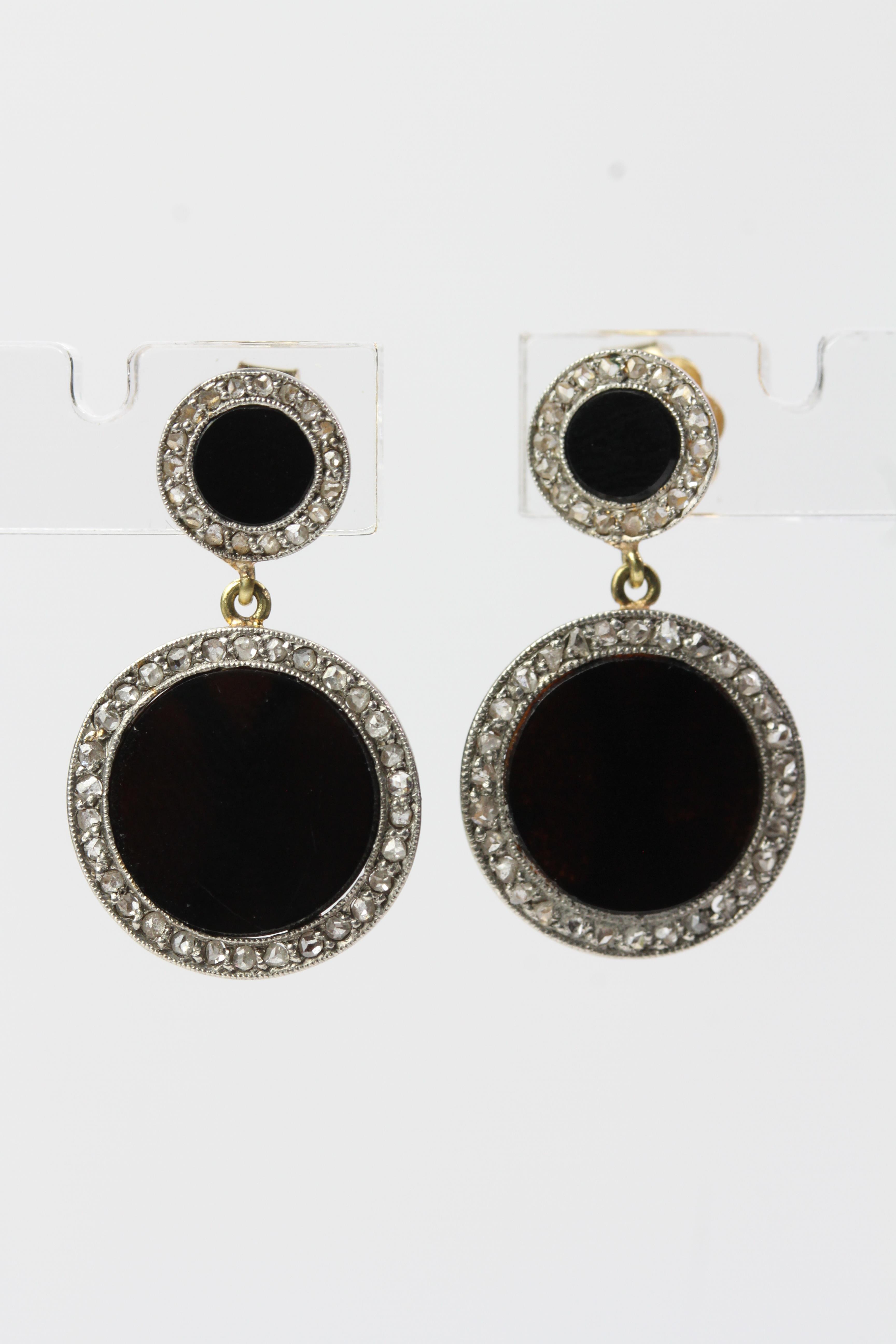 18YG onyx and rose diamond circular drop earrings