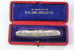 ROYAL MEMORABILIA , silver Pen knife, with 1902 Royal insignia, Red leather bound box with gilt