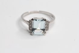 Platinum Aqua and diamond ring. Central step cut aqua 2cts, Diamonds 0.15ct