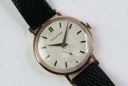 VINTAGE 18CT ROSE GOLD JAEGER LECOULTRE, patina dial with black hour markers, outer minute track,