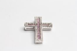 18WG clawset diamond cross with inset pink sapphires PS0.97ct D1.02ct