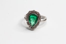 Plat? Pear shaped emerald and diamond ring. Emerald certified GCS Columbian F2 moderate oil. Est 1.