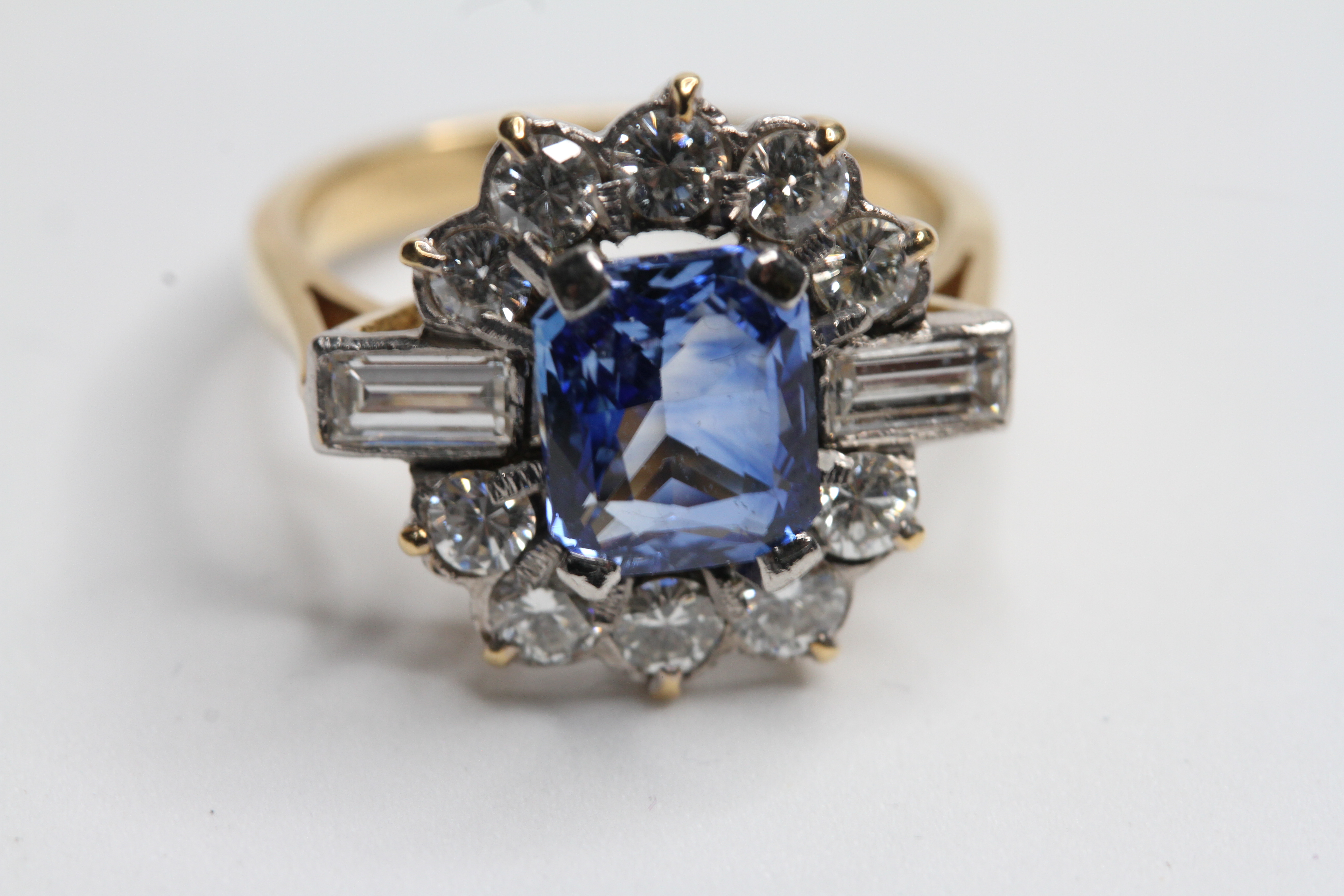 18YG Sapphire and diamond claw set cluster ring with baguettes at the head of the shank. S2.20cts